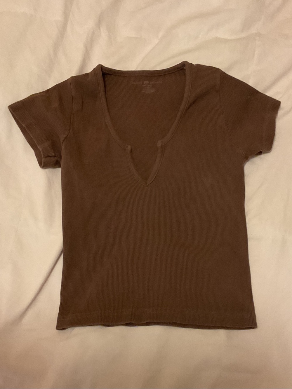 Brandy Melville Chocolate Brown Ribbed Notch V-Neck Short Sleeve Tee
